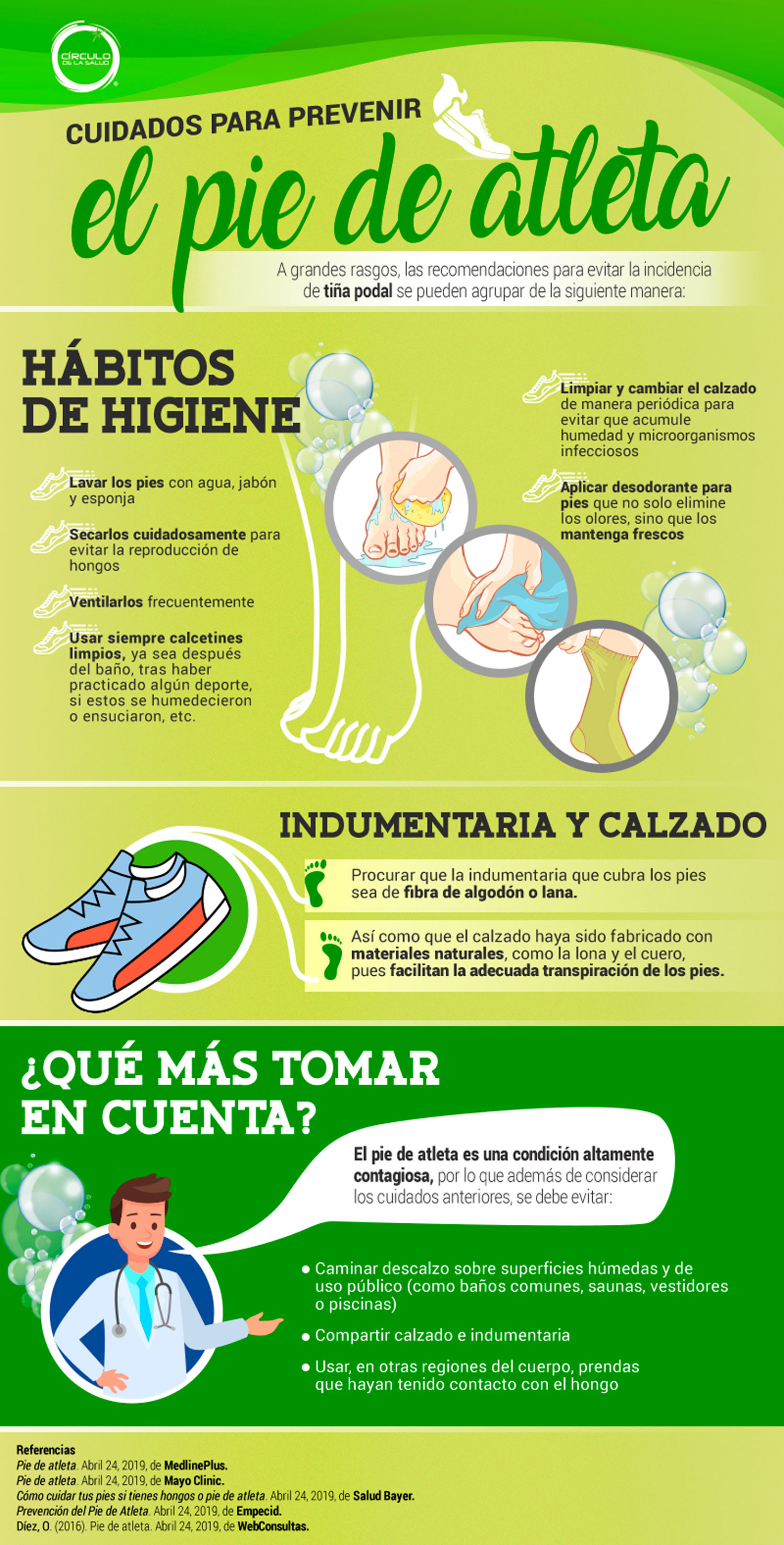 Infografía de Nadro - Círculo de la salud sobre Cómo prevenir el pie de atleta.